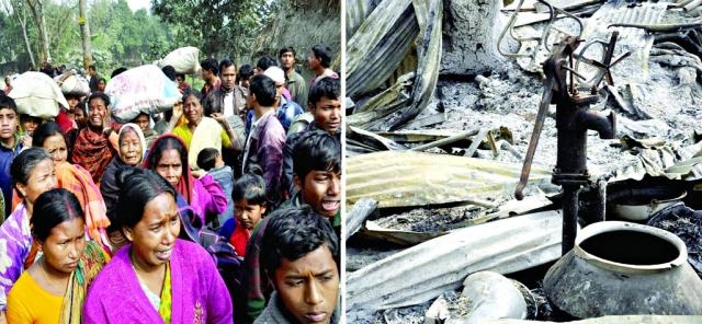 Miscreants vandalised and torched the houses of minorities after looting their valuables under Sadar upazila in Dinajpur. Shelterless residents fled to safer places (left) on Monday.