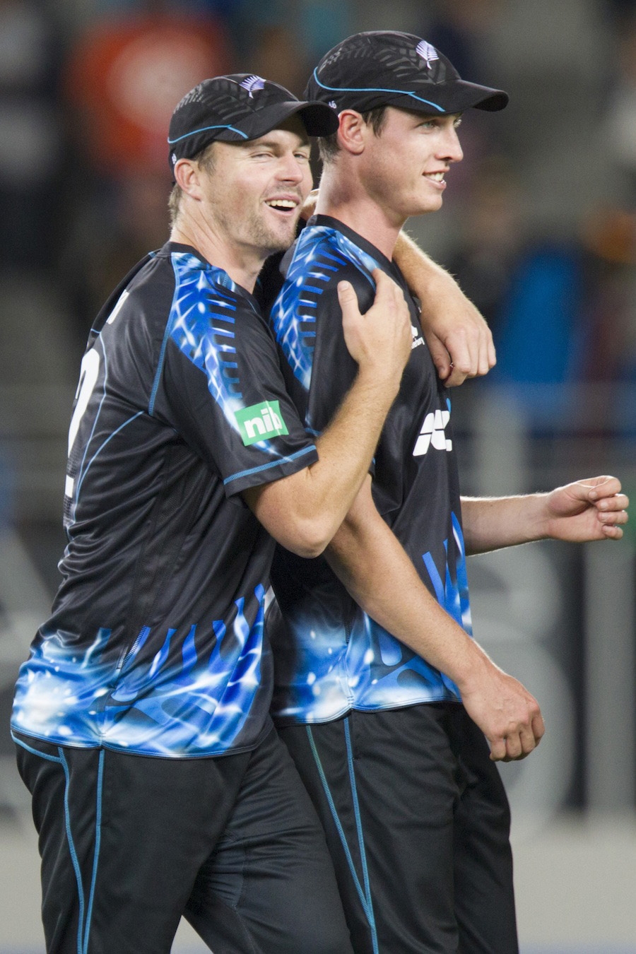 New Zealandâ€™s Adam Milne and Colin Munro celebrate defeating the West Indies in the Twenty-20 International Cricket Match at Eden Park in Auckland, New Zealand on Saturday.