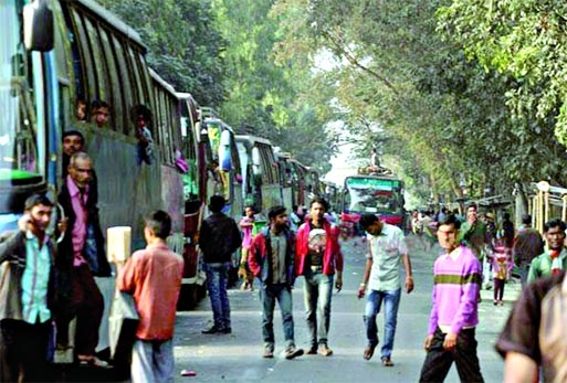 Free movement of vehicles in large number caused about 70 km long gridlock on Dhaka-Tangail Highway as there was no blockade programme for two days. This photo was taken on Saturday.
