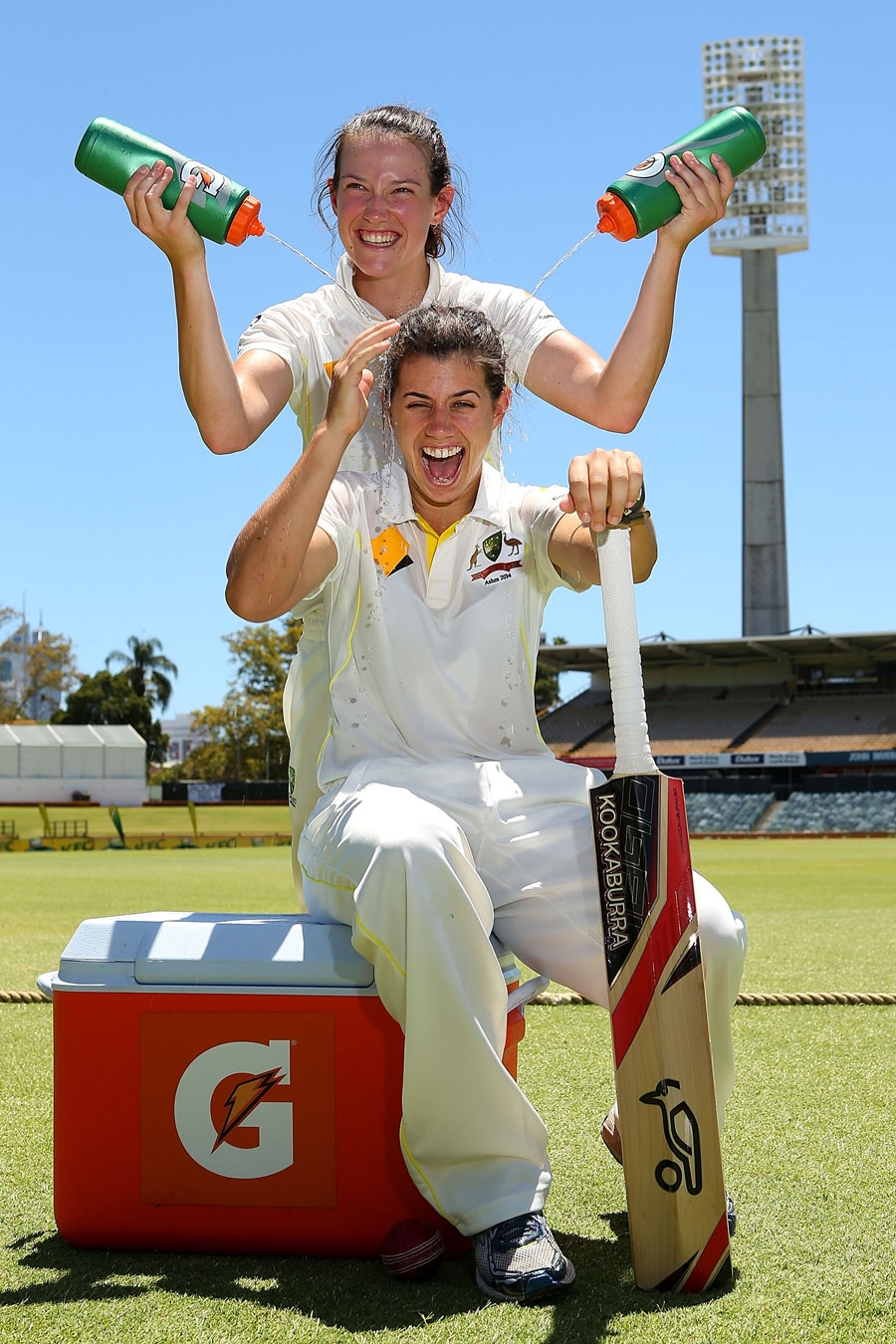 Megan Schutt and Nicole Bolton share a light moment on the 2nd day of only Test between Australia Women and England Women at Perth on Saturday.