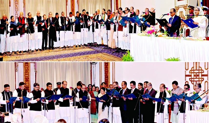President Abdul Hamid swearing into Prime Minister, ministers (top), state ministers and deputy ministers (bottom) of 49-member cabinet of 10th Jatiya Sangsad at Bangabhaban in the city on Sunday.