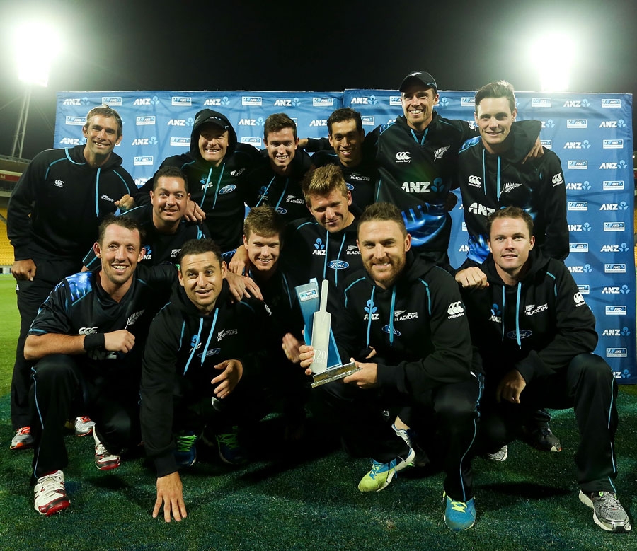 The New Zealand team with the T20 series trophy after winning 2nd T20 against West Indies at Wellington on Wednesday. Agency photo