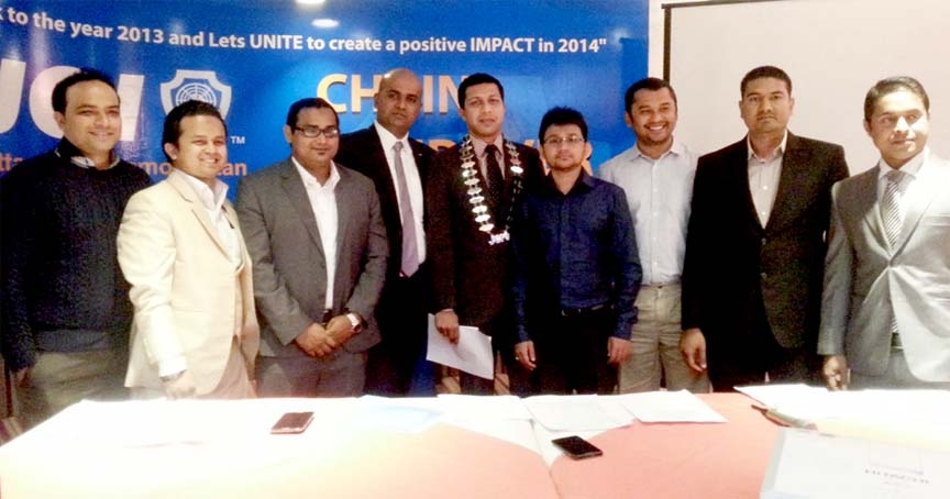 The newly elected executive committee members of Junior Chamber International Chittagong Cosmopolitan seen at a function yesterday.