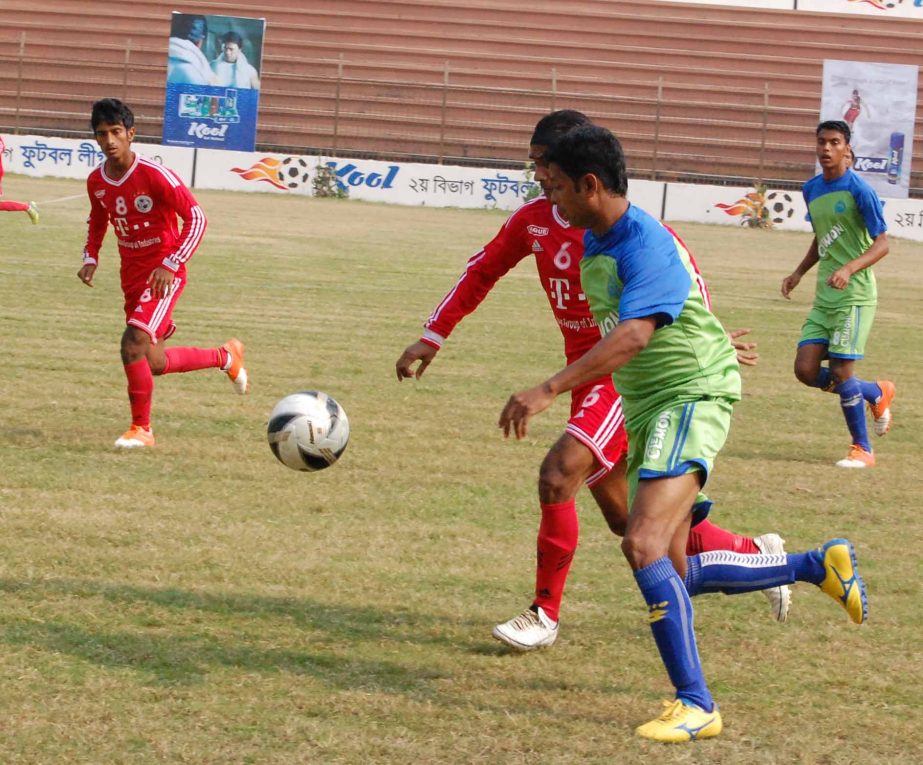 A view of the match of the Kool Second Division Football League between Tongi Krira Chakra and Shantinagar Club at the Bir Sreshtha Shaheed Sepoy Mohammad Mostafa Kamal Stadium on Sunday.