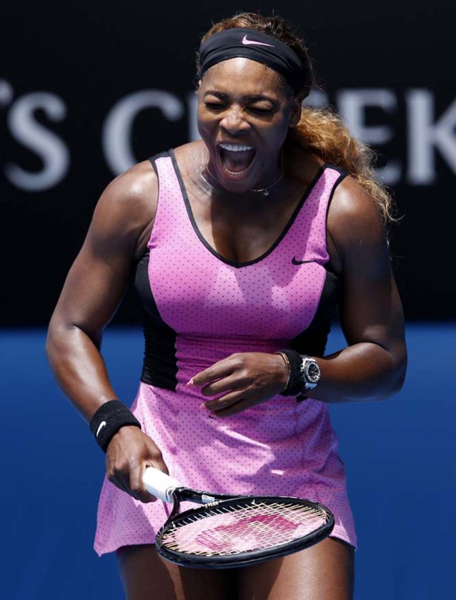 Serena Williams of the US celebrates a point won against Ana Ivanovic of Serbia during their fourth round match at the Australian Open tennis championship in Melbourne, Australia on Sunday.