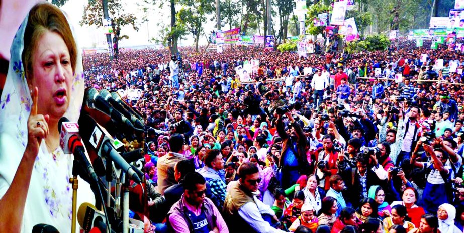 BNP Chairperson Begum Khaleda Zia addressing the 18-party's rally at Suhrawardy Uddyan on Monday.