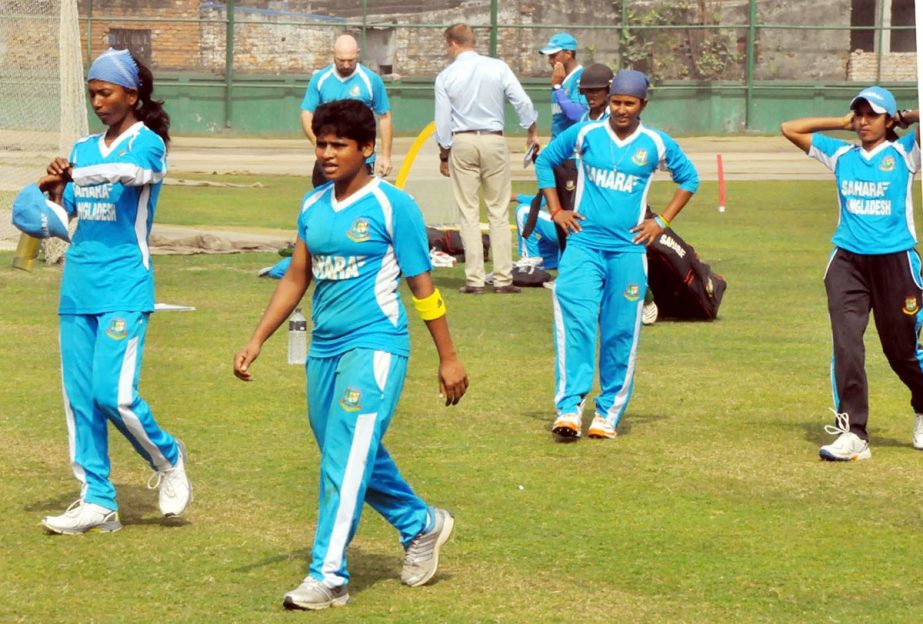The members of the Bangladesh National Women's Cricket team during the practice session at the SAHARA-BCB National Cricket Academy Ground in Mirpur on Tuesday.