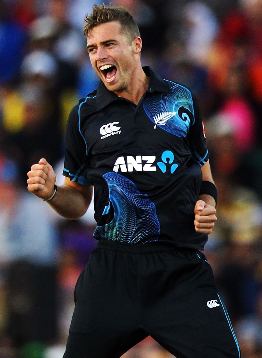 Tim Southee celebrates after dismissing Rohit Sharma during the 2nd ODI between New Zealand and India at Hamilton on Wednesday.