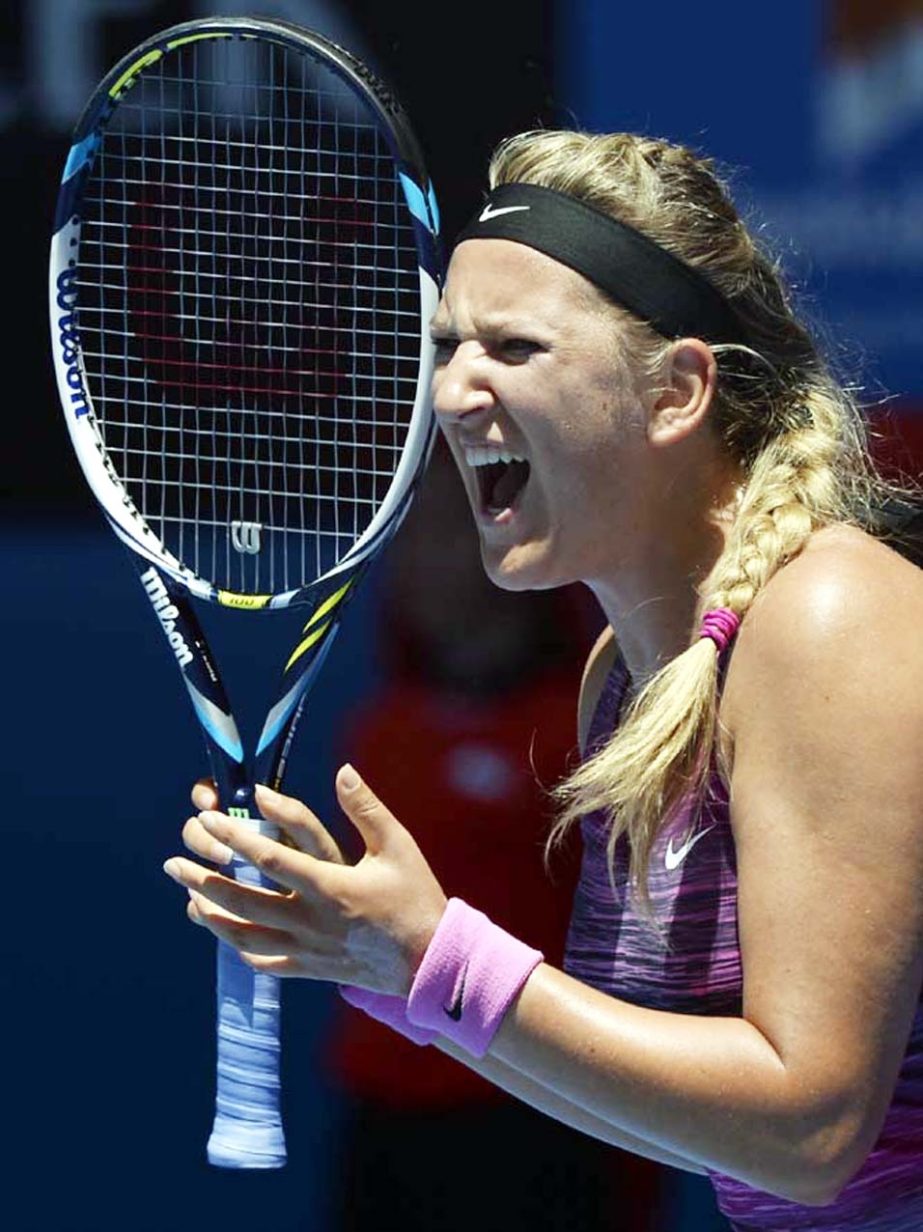 Victoria Azarenka of Belarus reacts after losing a point during her quarterfinal against Agnieszka Radwanska of Poland at the Australian Open tennis championship in Melbourne, Australia on Wednesday.