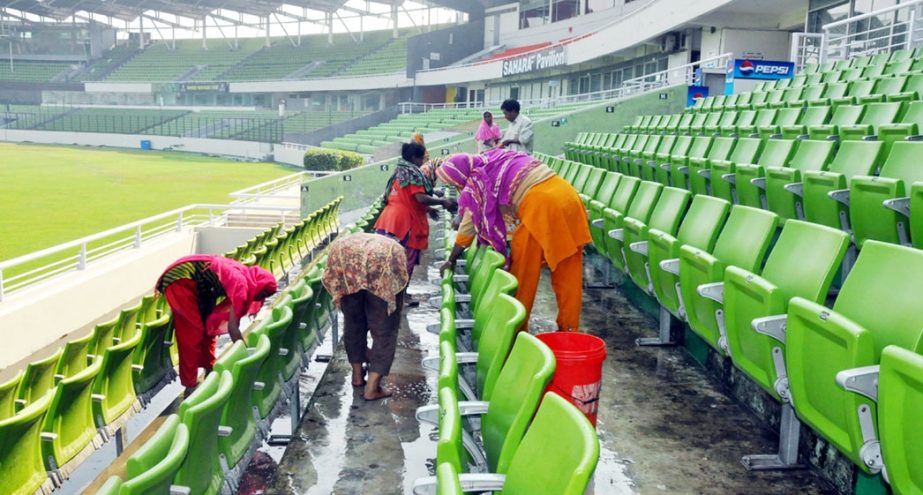 The workers engaged in cleaning the Sher-e-Bangla National Cricket Stadium in Mirpur on Thursday for the forthcoming Bangladesh and Sri Lanka series. Banglar Chokh