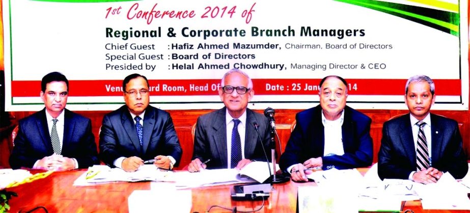 Hafiz Ahmed Mazumder, Chairman of the Board of Directors of Pubali Bank Limited, inaugurating the 1st conference - 2014 of Regional and Corporate Branch Managers held at the bank's head office on Saturday. Helal Ahmed Chowdhury, Managing Director of the