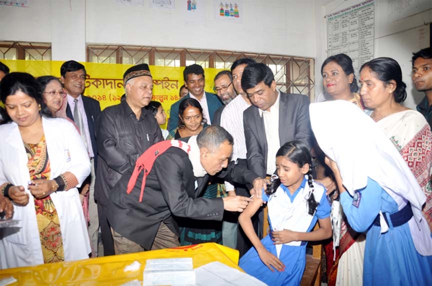 CCC Mayor M Monzoor Alam visiting Measles, Rubella (MR) vaccination programme at City Corporation Girls' High School and College on Saturday.