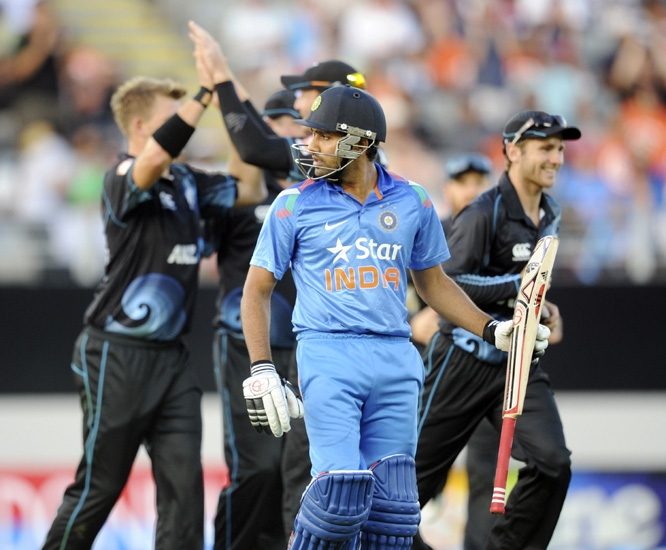 Indiaâ€™s Rohit Sharma is out for 39 against New Zealand in the third one-day international cricket match at the Eden Park in Auckland, New Zealand on Saturday.