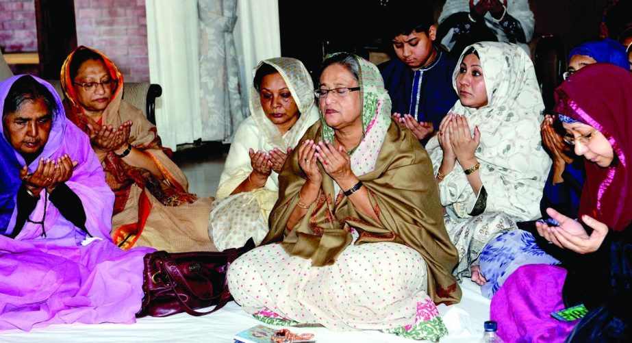 Prime Minister Sheikh Hasina along with others joined Akheri Munajat of the first phase of Biswa Ijtema from Ganobhaban in the city on Sunday.