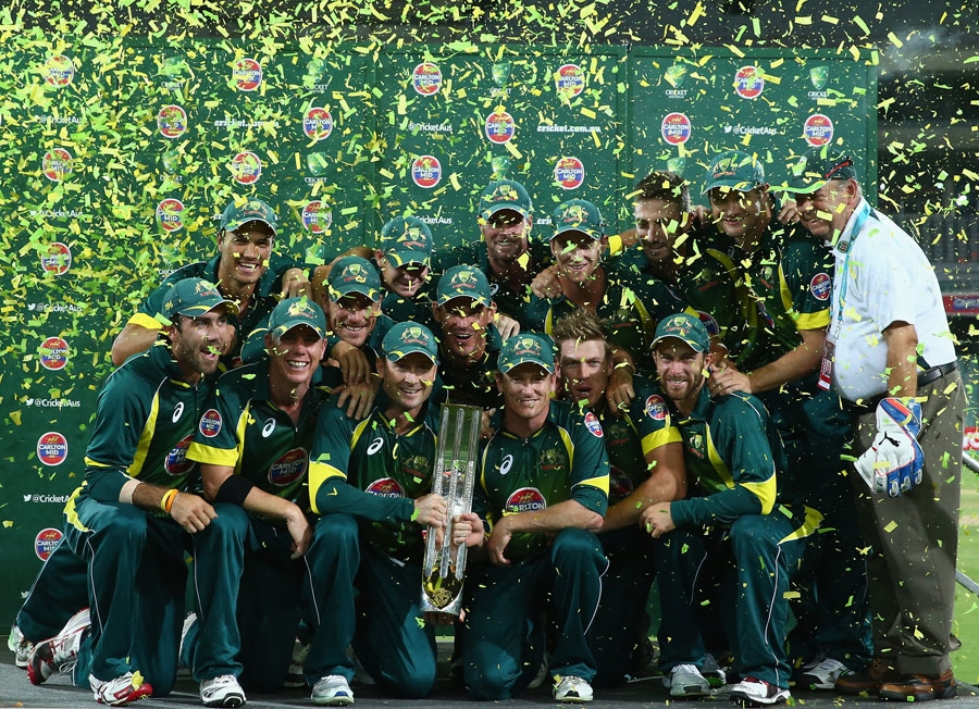 Members of Australia team celebrate their 4-1 series win against England after 5th ODI in Adelaide on Sunday.