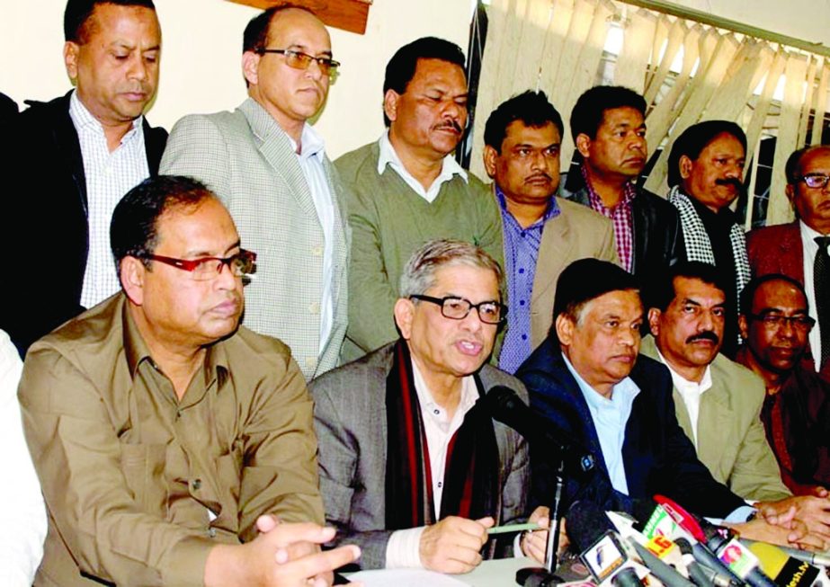 BNP Acting Secretary General Mirza Fakhrul Islam Alamgir speaking at a press conference at the party central office in the city's Naya Palton on Monday on the occasion of black flag procession on January 29.