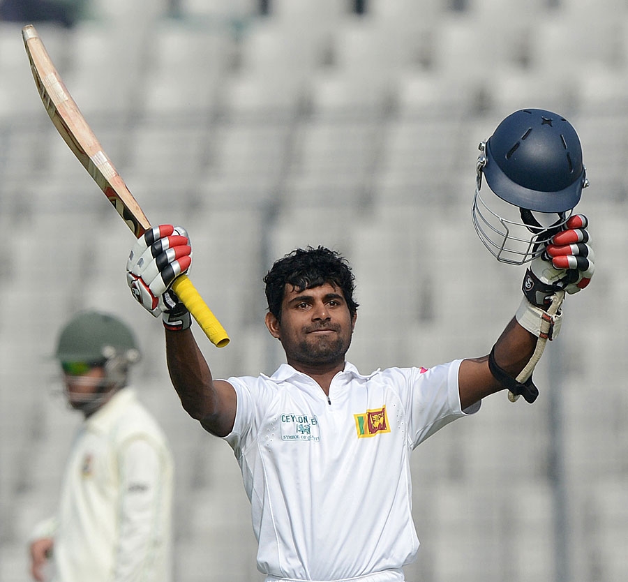 Sri Lanka's Kaushal Silva celebrates after scoring a century on the second day of the first Test cricket match against Bangladesh at the Sher-e-Bangla National Cricket Stadium in Mirpur on Tuesday.