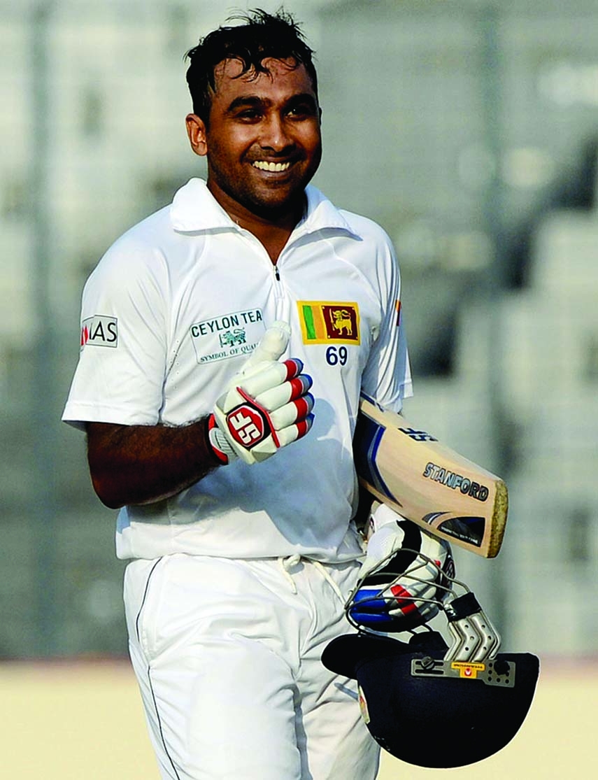 Mahela Jayawardene is thrilled after scoring his seventh double-century on 3rd day of 1st Test between Bangladesh and Sri Lanka at the Sher-e-Bangla National Cricket Stadium on Wednesday.