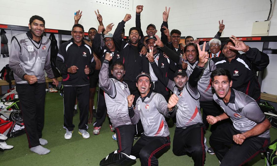 The UAE players celebrate after qualifying for the 2015 World Cup defeating Namibia in World Cup Qualifiers, Super Sixes at Rangiora on Thursday.
