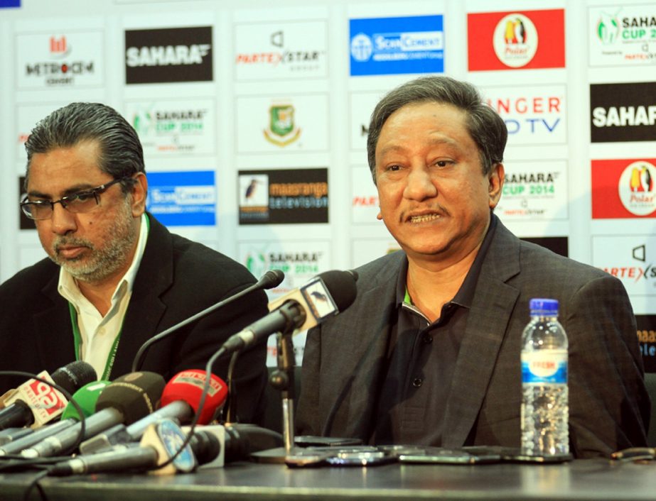 President of Bangladesh Cricket Board Nazmul Hassan, MP addressing a press conference at the Sher-e-Bangla National Cricket Stadium in Mirpur on Thursday.