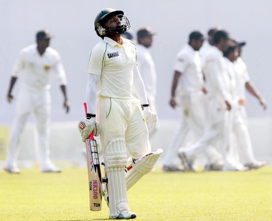 Mushfiqur Rahim looks to the heavens after being given out on the 4th day of 1st Test between Bangladesh and Sri Lanka at the Sher-e-Bangla National Cricket Stadium on Thursday.