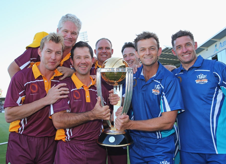 Australia's former World Cup winners pose with the trophy during the Ricky Ponting Tribute Match at Launceston on Thursday.