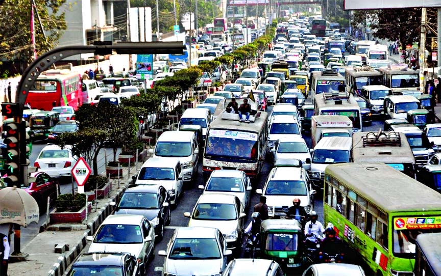 City experiences unending gridlock for the last few days causing immense sufferings to commuters. This photo was taken from Bangla Motor area on Thursday.