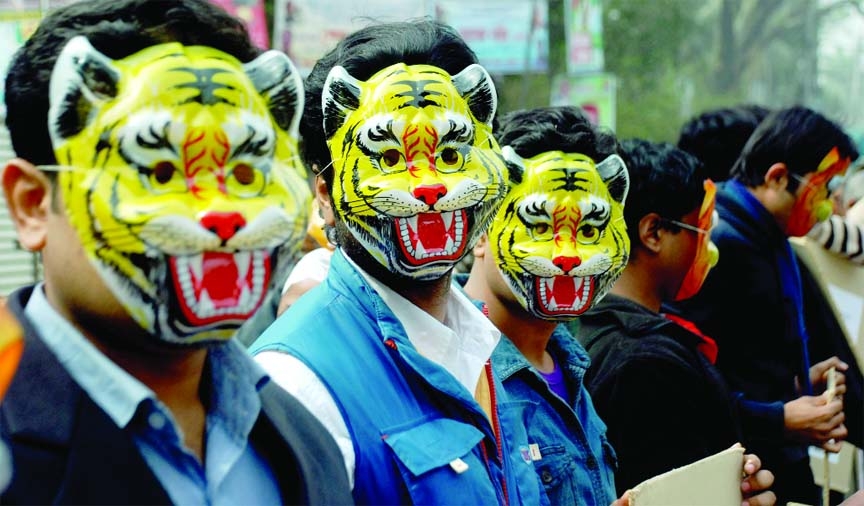Save Sundarbans, Save Tigers : Lovers of Sundarbans, wearing tigers masks formed a human chain in front of the Jatiya Press Club on Saturday.