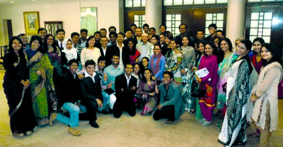 Bangladeshi students and their supervisors pose for photograph with Japanese envoy to Bangladesh Shiro Sadoshima at his residence in the city on Sunday after attending Jenesys 2.0 youth exchange programme held in Japan.