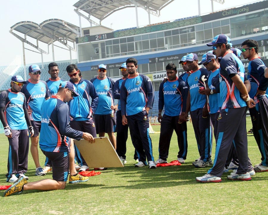 Members of Bangladesh National Cricket team during the practice session at the Zahur Ahmed Chowdhury Stadium in Chittagong on Sunday. The second and final Test between Bangladesh and Sri Lanka will start tomorrow at the same venue.