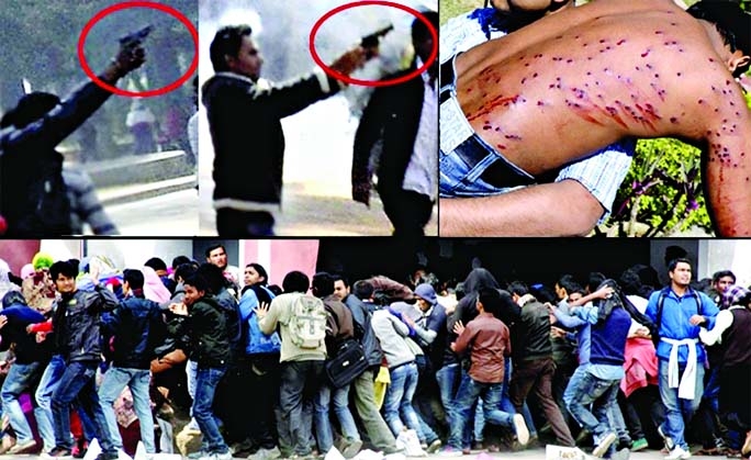 (1 Left) A BCL armed cadre [identified as Shamsuzzaman Imon, president of Ameer Hall, RU] is seen firing from his pistol. (2) Another action of shooting by a BCL cadre. (3) A severely rubber bullet-hit student carried on shoulders by his fellows to hospit