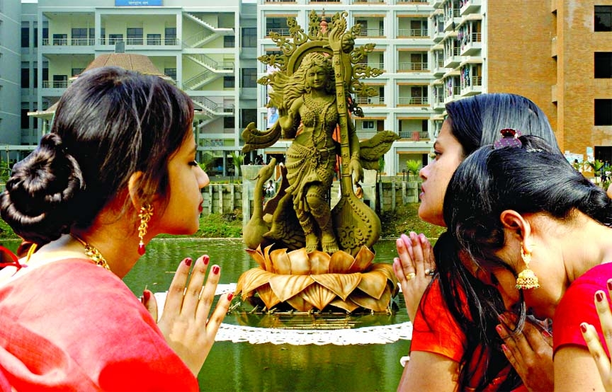 Saraswati Puja being observed by Hindu students at Jagannath Hall of DU on Tuesday.