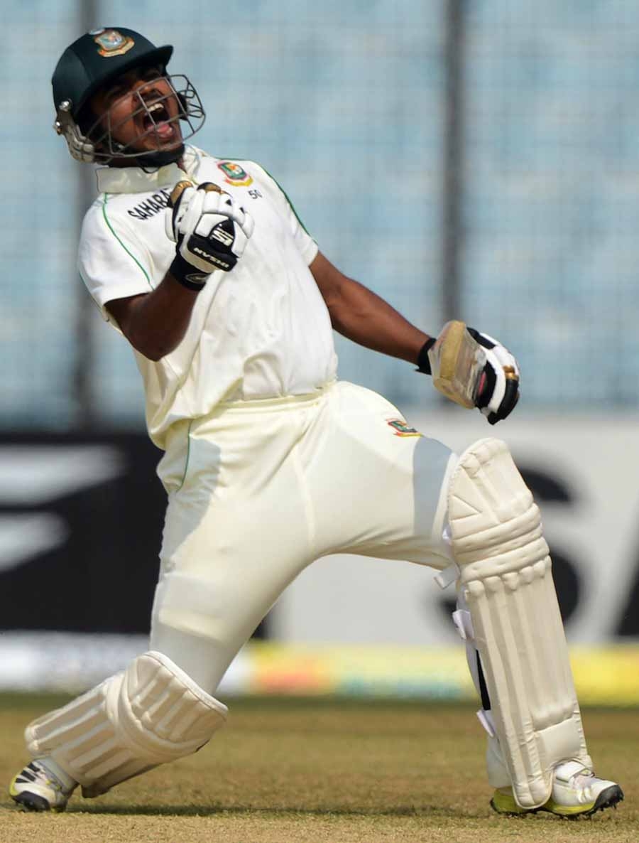 Shamsur Rahman celebrates his hundred on the 3rd day of 2nd Test against Sri Lanka in Chittagong on Thursday.