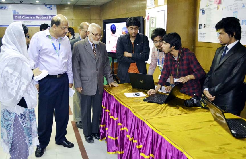 Prof Dr Aminul Islam along with Farhana Helal Mehtab and Prof Dr Yousuf M Islam, Executive Director, HRDI seen with the winner of Project Fair at Daffodil International University recently.