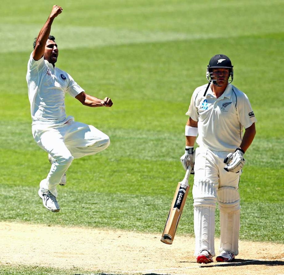 Mohammed Shami leaps after dismissing Corey Anderson during day three of the first Test match between New Zealand and India at Eden Park in Auckland, New Zealand on Saturday.