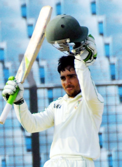 Mominul Haque celebrates his century in the second innings against Sri Lanka on the fifth and final Test at the Zahur Ahmed Chowdhury Stadium in Chittagong on Saturday.