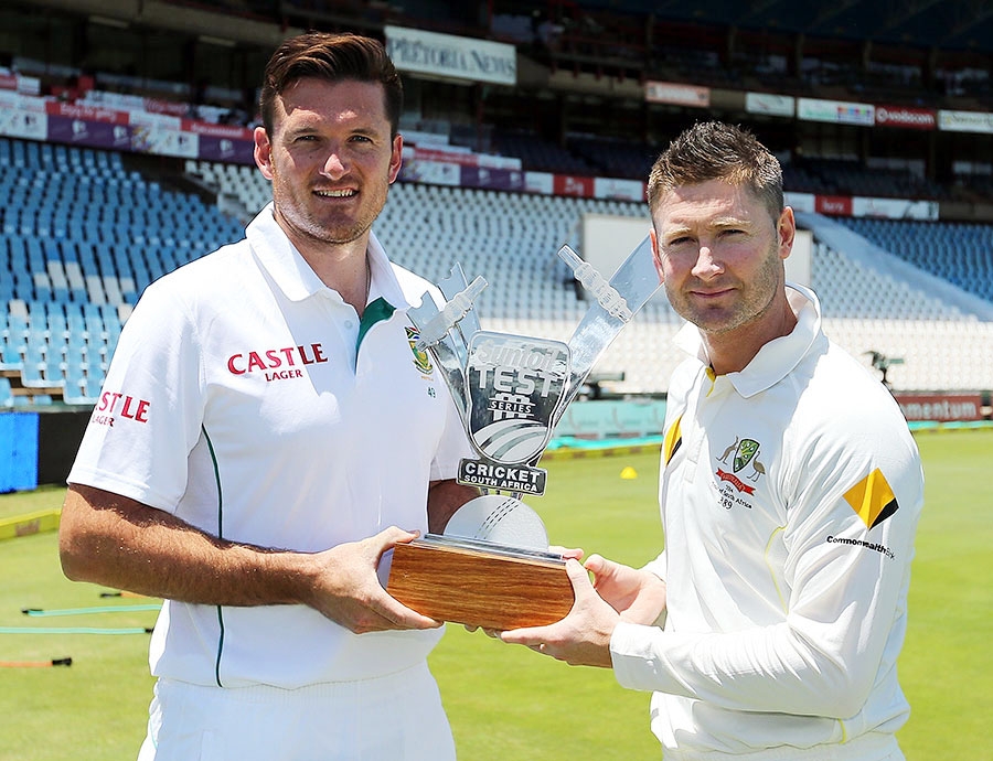 Graeme Smith and Michael Clarke pose with the trophy ahead of the first Test at Centurion on Tuesday. Australia meet South Africa in the first of three Tests starting at SuperSport Park today.