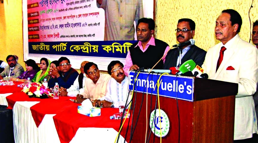 Former President and Jatiya Party Chairman Hussain Muhammad Ershad speaking at a view exchange meeting of party's central committee at Emanuels Convention Centre in the city on Wednesday.