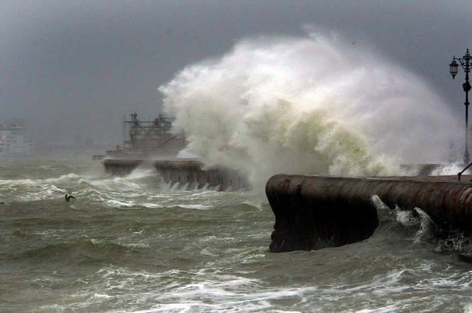 Huge waves batter the seafront at Southsea, Hampshire on Wednesday.