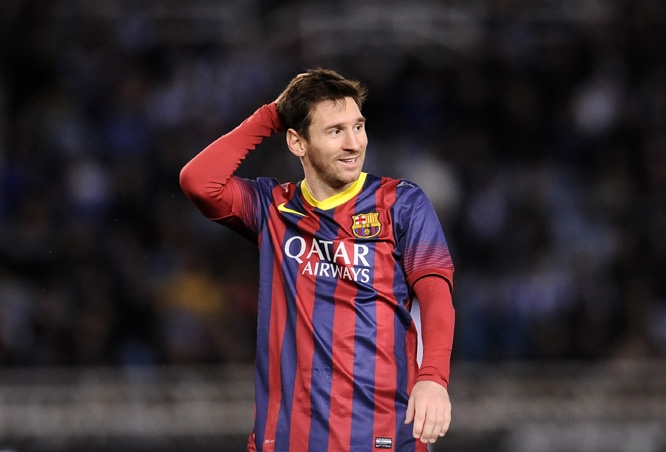 FC Barcelona's Lionel Messi of Argentina, gestures during their Spanish Copa del Rey semifinal second leg soccer match against Real Sociedad, at Anoeta stadium in San Sebastian northern Spain on Wednesday.