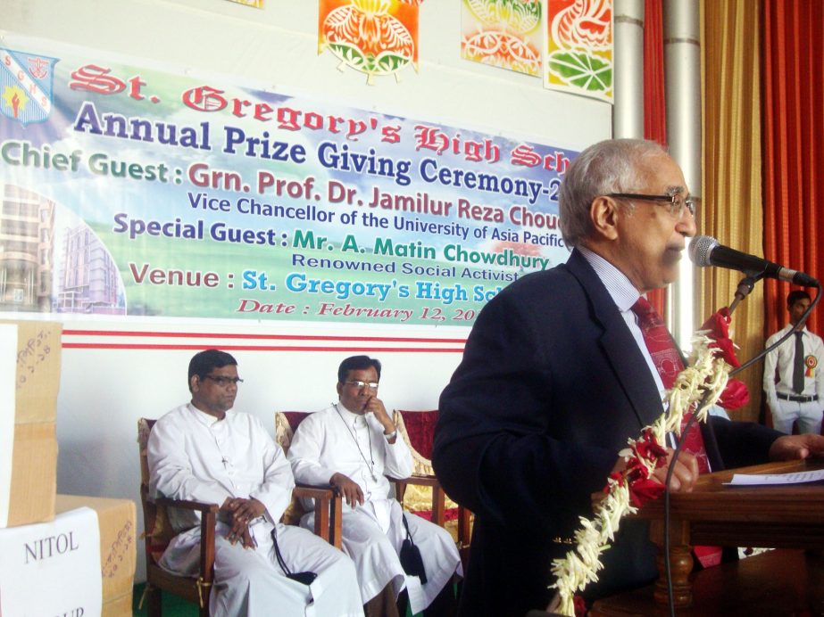 Vice Chancellor of Asia Pacific University Prof Dr Jamilur Reza Choudhury addressing the prize giving ceremony of St Gregory's High School as the chief guest on Wednesday.