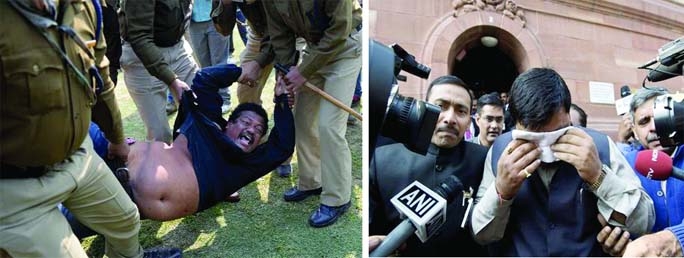 A demonstrator demanding a separate state of Telangana is detained by Indian policemen outside the Parliament building in New Delhi (left) and an unidentified member of India"s Parliament, holding a handkerchief to his face after being affected by pepper