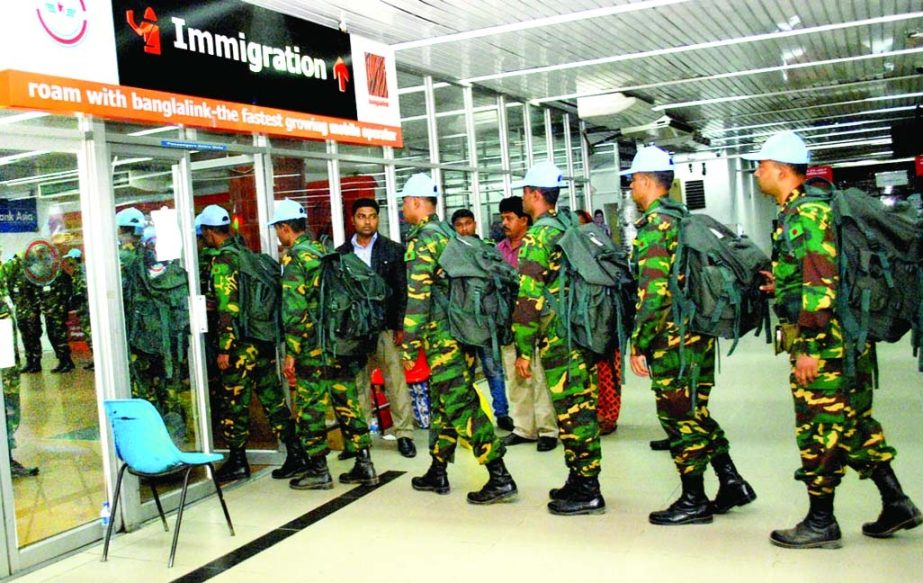 Bangladeshi peacekeeping forces at Hazrat Shahjalal International Airport on the eve of departing for Congo. The snap was taken on Friday.