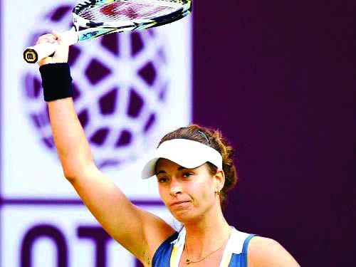 Petra Cetkovska of the Czech Republic reacts after beating Li Na of China at the WTA Qatar Ladies Open in Doha Thursday.