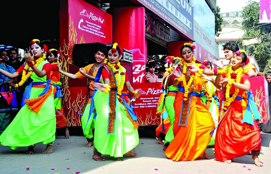 Artistes of Nrittyam Dance Group performing at a cultural function organised for launching Pizza Hut Delivery in the city's Dhanmondi on Thursday.
