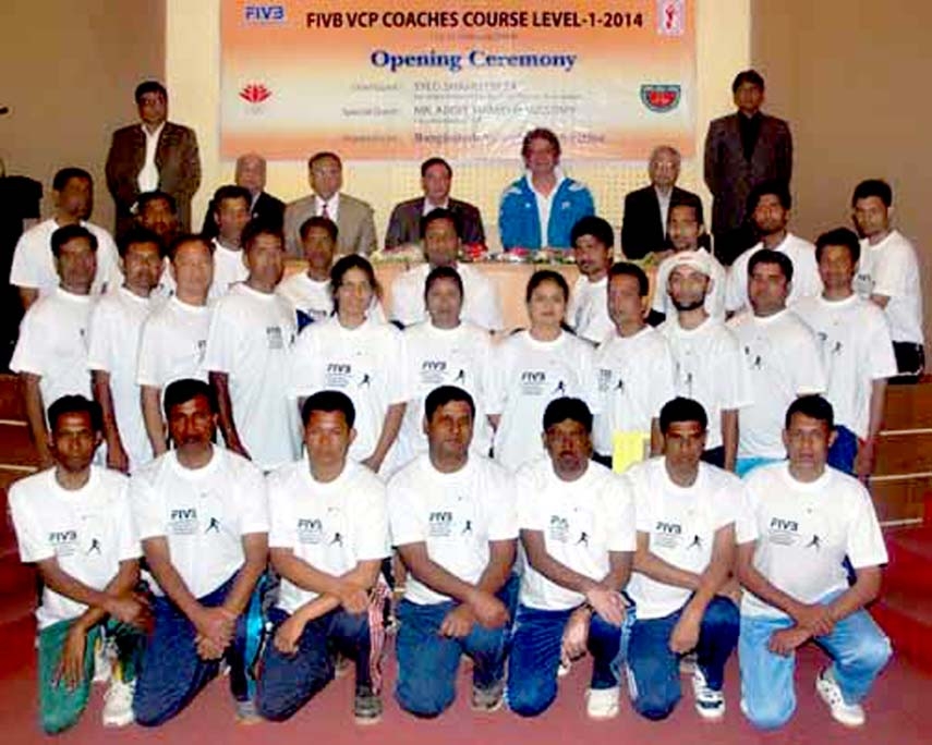 The participants of the FIVB VCP Coaches' Course Level-1 with the officials of Bangladesh Volleyball Federation pose for a photo session at the Dutch-Bangla Bank Auditorium in Bangladesh Olympic Association Bhaban on Saturday.