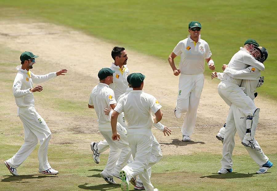 Australia celebrate Alex Doolan's stunning short leg catch on the 4th day of 1st Test between South Africa and Australia at Centurion on Saturday.