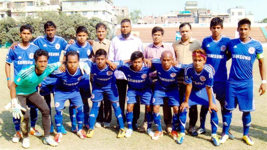 Members of PWD SC, the runners-up of the Kool Second Division Football League pose for a photograph at the Bir Sreshtha Shaheed Sepoy Mohammad Mostafa Kamal Stadium in Kamalapur on Friday.