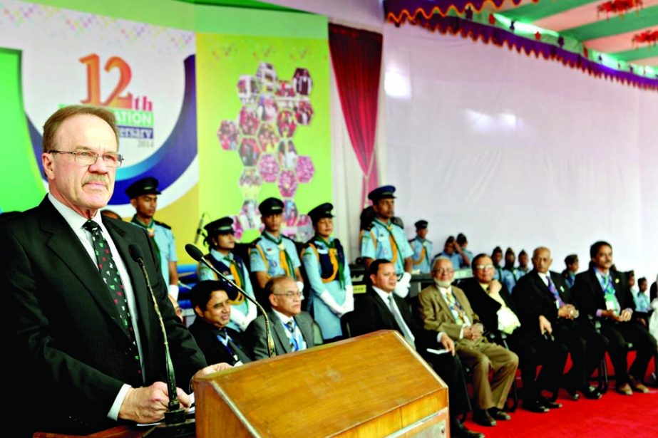 US Ambassador to Bangladesh Dan W Mozena speaking at a programme organized on the 12th foundation anniversary of Daffodil International University (DIU) at its permanent campus at Ashulia in Savar on Saturday.