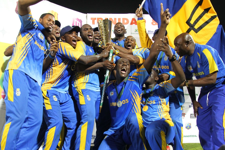 The Barbados team celebrate after winning the Super50 title against Trinidad & Tobago in Nagico Super50 final at Port-of-Spain on Saturday.
